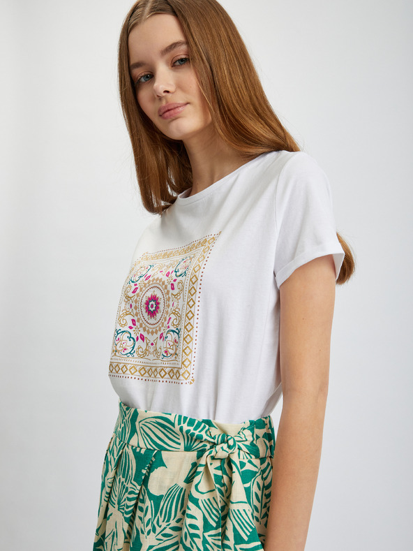 Orsay Gonna midi da donna a fantasia panna e verde con lino ORSAY