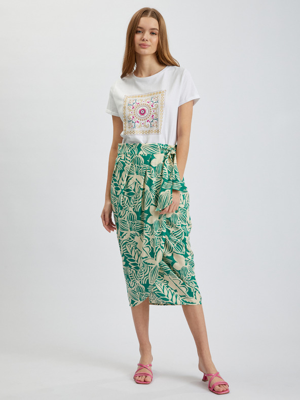 Orsay Gonna midi da donna a fantasia panna e verde con lino ORSAY