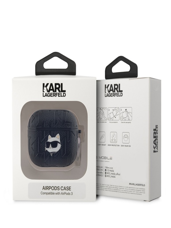 Karl Lagerfeld Custodia con testa Choupette Karl Lagerfeld in PU in rilievo per AirPods 3 nero