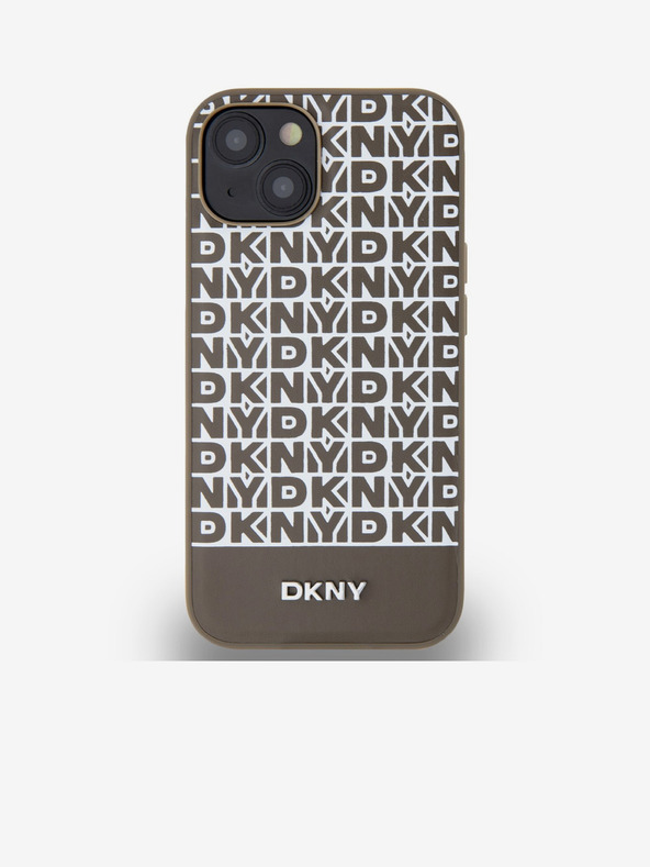 DKNY Cover posteriore MagSafe in pelle PU con motivo a righe in basso per iPhone 14 marrone DKNY
