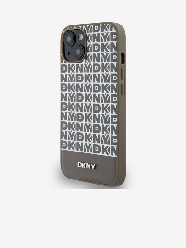 DKNY Cover posteriore MagSafe in pelle PU con motivo a righe in basso per iPhone 14 marrone DKNY