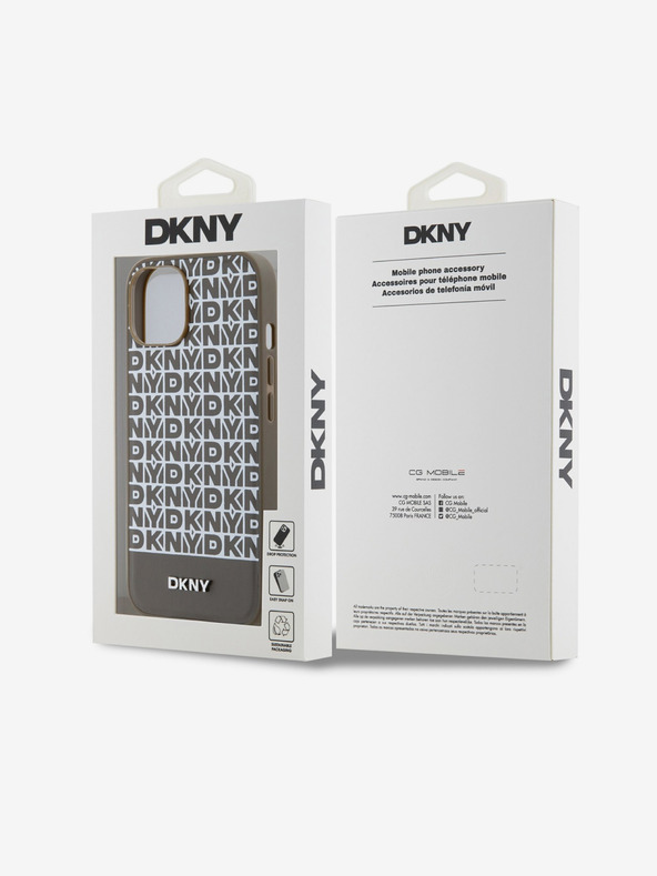 DKNY Cover posteriore MagSafe in pelle PU con motivo a righe in basso per iPhone 14 marrone DKNY