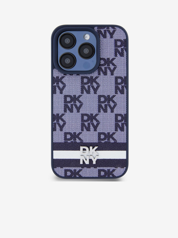 DKNY Cover posteriore in pelle PU con motivo a scacchi e strisce per iPhone 15 Pro Blue DKNY