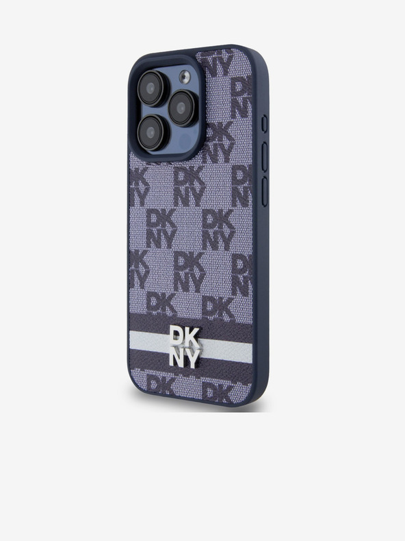 DKNY Cover posteriore in pelle PU con motivo a scacchi e strisce per iPhone 15 Pro Blue DKNY