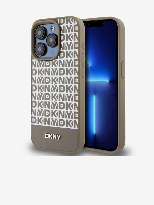 DKNY Cover posteriore MagSafe in pelle PU con motivo a righe in basso per iPhone 12/12 Pro marrone DKNY