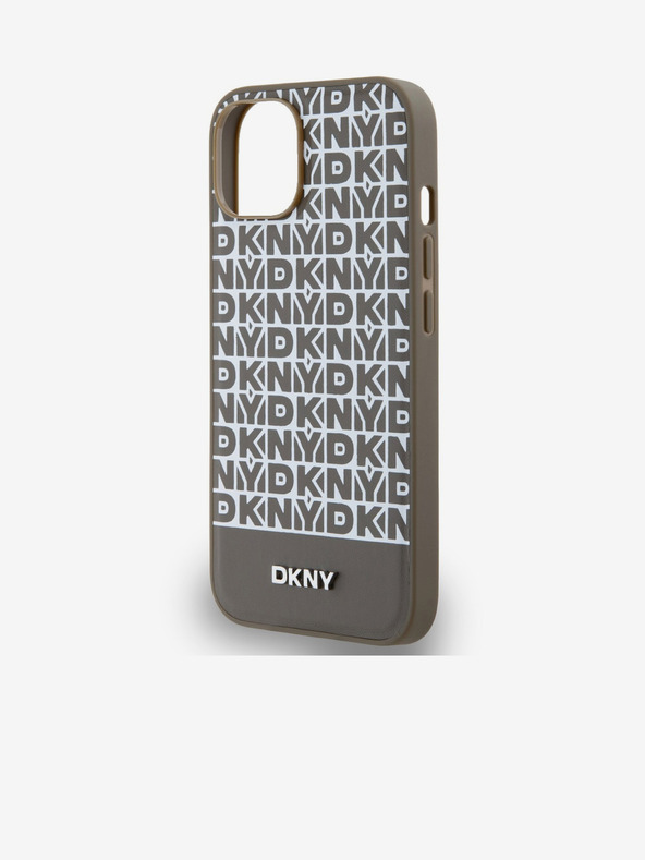DKNY Cover posteriore in pelle PU con motivo a righe in basso per iPhone 13 marrone DKNY