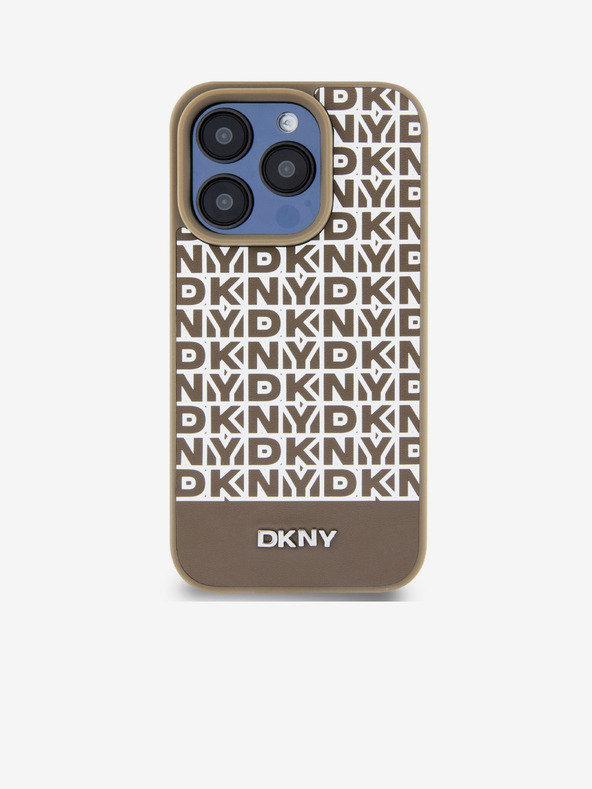 DKNY Cover posteriore MagSafe in pelle PU con motivo a righe in basso per iPhone 15 Pro marrone DKNY
