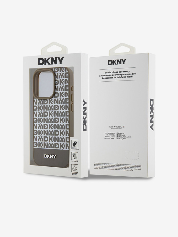 DKNY Cover posteriore MagSafe in pelle PU con motivo a righe in basso per iPhone 15 Pro marrone DKNY