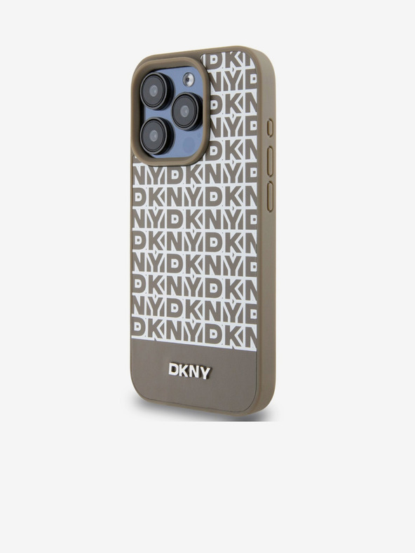 DKNY Cover posteriore MagSafe in pelle PU con motivo a righe in basso per iPhone 14 Pro marrone DKNY