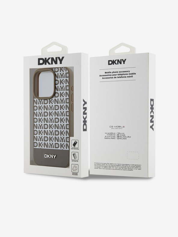 DKNY Cover posteriore MagSafe in pelle PU con motivo a righe in basso per iPhone 14 Pro marrone DKNY