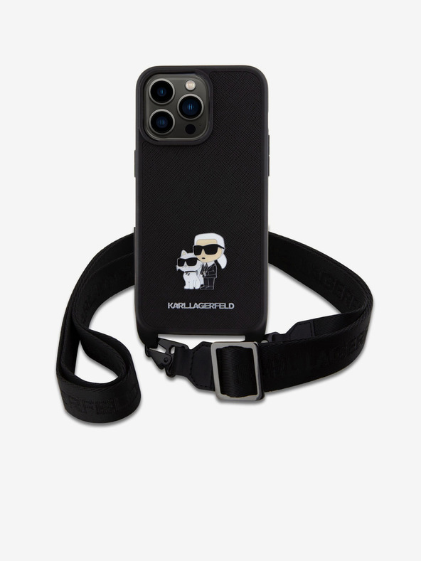 Karl Lagerfeld Cover posteriore in metallo con tracolla Saffiano Karl e Choupette per iPhone 15 Pro Max Nero Karl Lagerfeld
