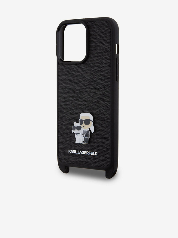 Karl Lagerfeld Cover posteriore in metallo con tracolla Saffiano Karl e Choupette per iPhone 15 Pro Max Nero Karl Lagerfeld