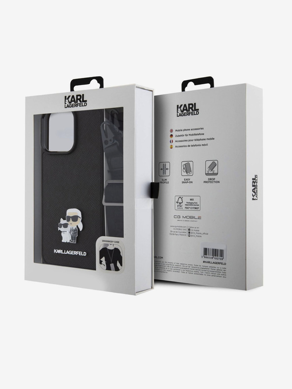 Karl Lagerfeld Cover posteriore in metallo con tracolla Saffiano Karl e Choupette per iPhone 15 Pro Max Nero Karl Lagerfeld