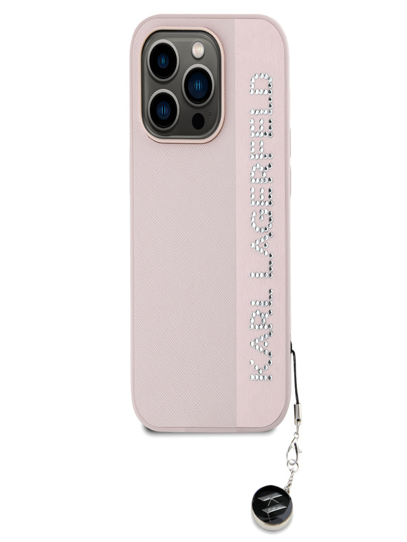 Karl Lagerfeld Karl Lagerfeld PU Saffiano Charm Cover posteriore con strass per iPhone 14 Pro rosa