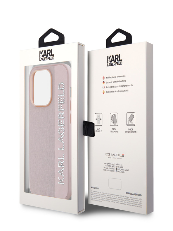 Karl Lagerfeld Karl Lagerfeld PU Saffiano Charm Cover posteriore con strass per iPhone 14 Pro rosa