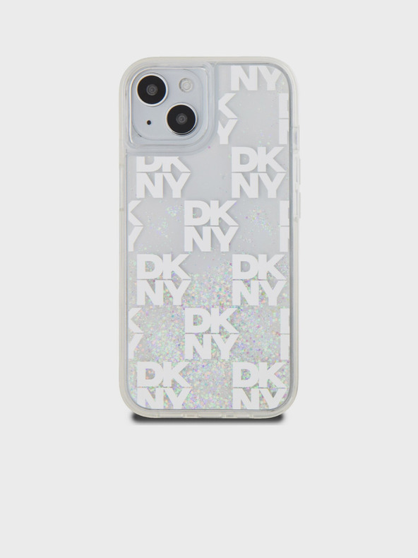 DKNY Cover posteriore con motivo a scacchiera in glitter liquido per iPhone 15 trasparente DKNY