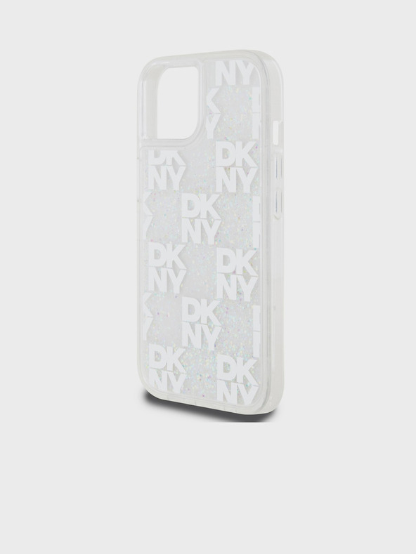DKNY Cover posteriore con motivo a scacchiera in glitter liquido per iPhone 15 trasparente DKNY