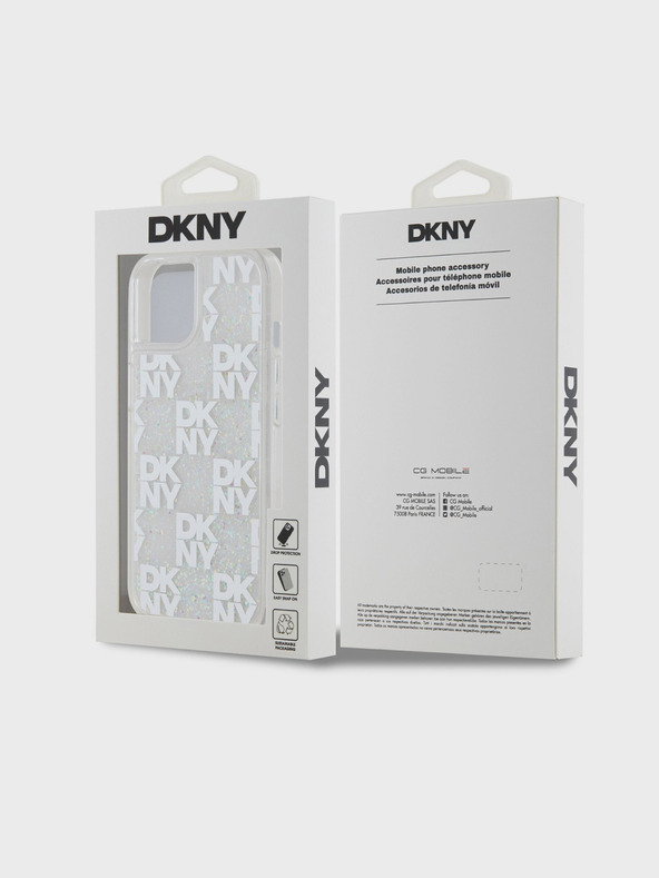 DKNY Cover posteriore con motivo a scacchiera in glitter liquido per iPhone 15 trasparente DKNY