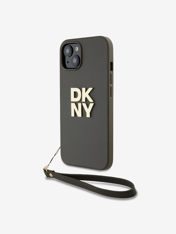 DKNY PU Leather Stack Logo cinturino da polso copertura posteriore per iPhone 14 Brown DKNY