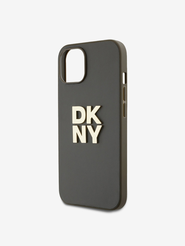 DKNY PU Leather Stack Logo cinturino da polso copertura posteriore per iPhone 14 Brown DKNY