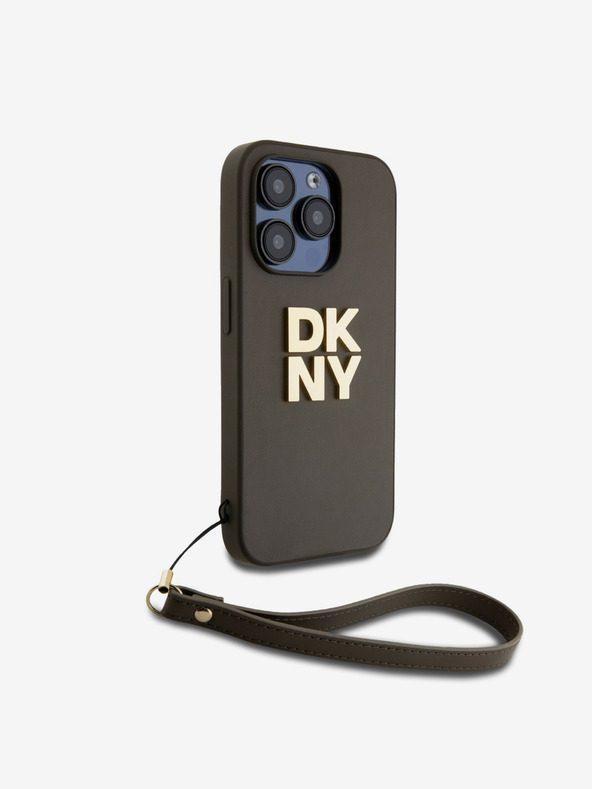 DKNY PU pelle Stack Logo cinturino da polso copertura posteriore per iPhone 14 Pro Brown DKNY