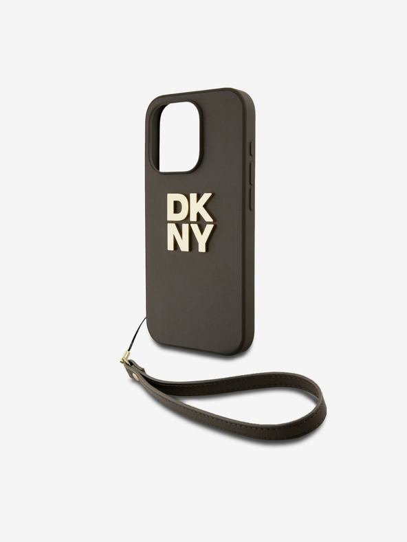 DKNY PU pelle Stack Logo cinturino da polso copertura posteriore per iPhone 14 Pro Brown DKNY