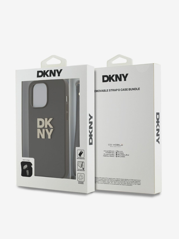 DKNY PU pelle Stack Logo cinturino da polso copertura posteriore per iPhone 14 Pro Brown DKNY