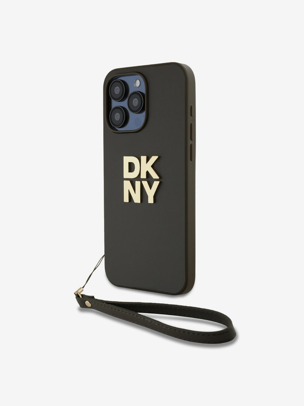 DKNY PU pelle Stack Logo cinturino da polso copertura posteriore per iPhone 15 Pro Brown DKNY