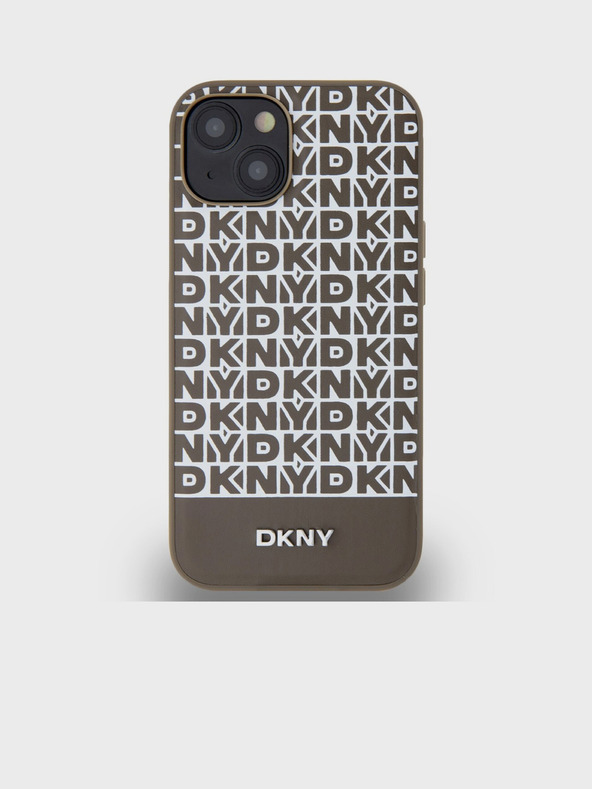 DKNY Cover posteriore MagSafe in pelle PU con motivo a righe sul fondo per iPhone 15 marrone DKNY