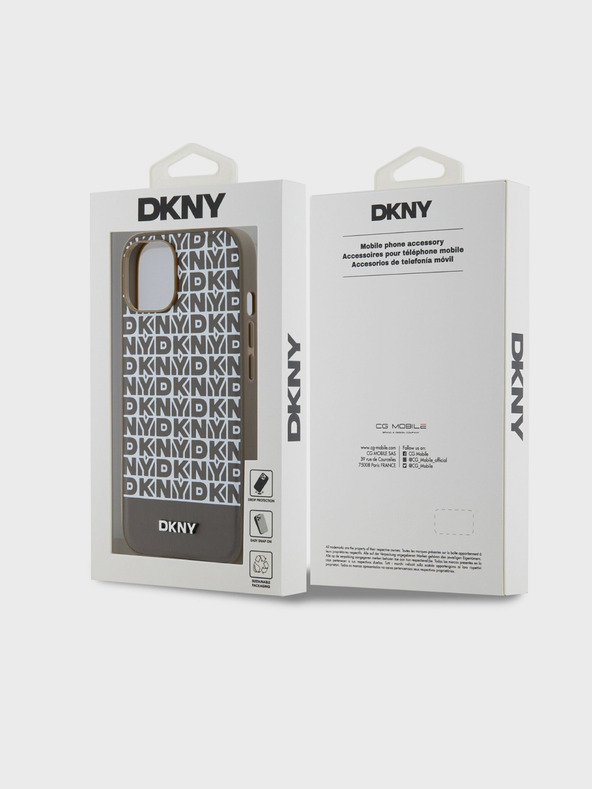 DKNY Cover posteriore MagSafe in pelle PU con motivo a righe sul fondo per iPhone 15 marrone DKNY