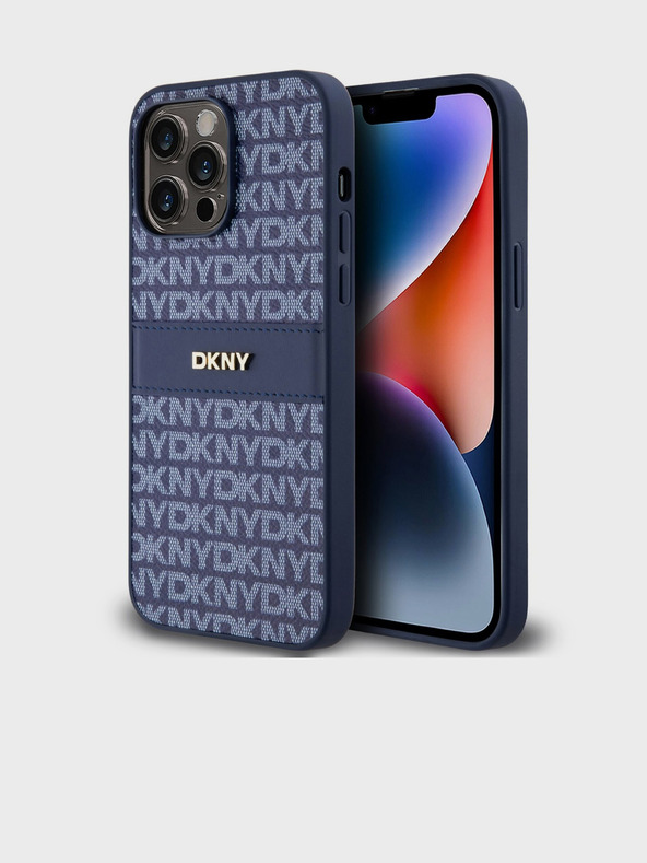 DKNY Cover posteriore con motivo a righe tonali in pelle PU per iPhone 14 Pro Blue DKNY