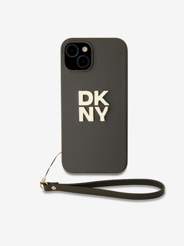 DKNY PU pelle Stack Logo cinturino da polso copertura posteriore per iPhone 13 Brown DKNY