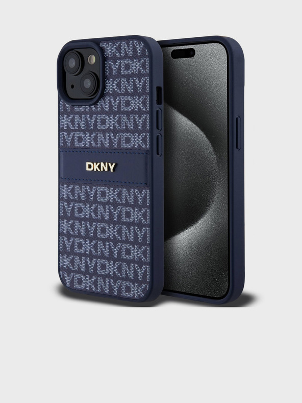 DKNY Cover posteriore con motivo a righe tonali in pelle PU per iPhone 15 blu DKNY