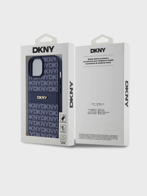 DKNY Cover posteriore con motivo a righe tonali in pelle PU per iPhone 15 blu DKNY