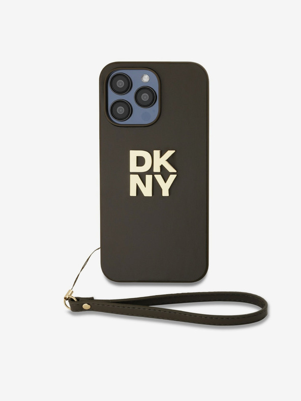 DKNY PU Leather Stack Logo Custodia posteriore con cinturino da polso per iPhone 14 Pro Max Brown DKNY