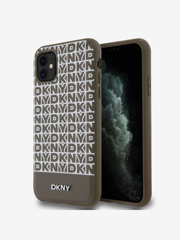 DKNY Cover posteriore MagSafe in pelle PU con motivo a righe sul fondo per iPhone 11 marrone DKNY