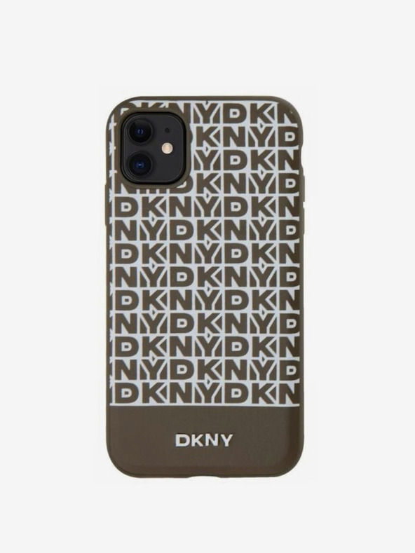 DKNY Cover posteriore MagSafe in pelle PU con motivo a righe sul fondo per iPhone 11 marrone DKNY