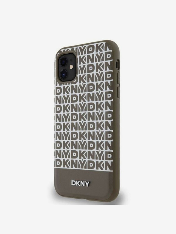 DKNY Cover posteriore MagSafe in pelle PU con motivo a righe sul fondo per iPhone 11 marrone DKNY