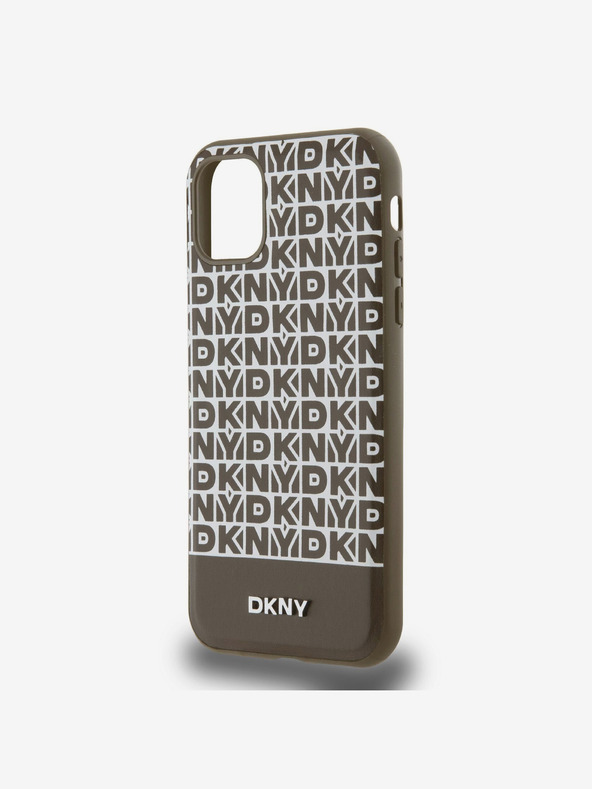 DKNY Cover posteriore MagSafe in pelle PU con motivo a righe sul fondo per iPhone 11 marrone DKNY