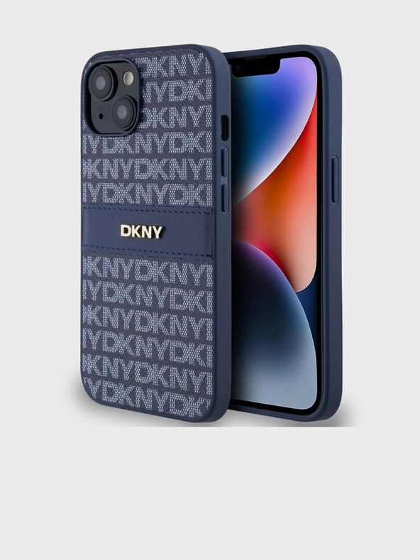 DKNY Cover posteriore con motivo a righe tonali in pelle PU per iPhone 14 blu DKNY