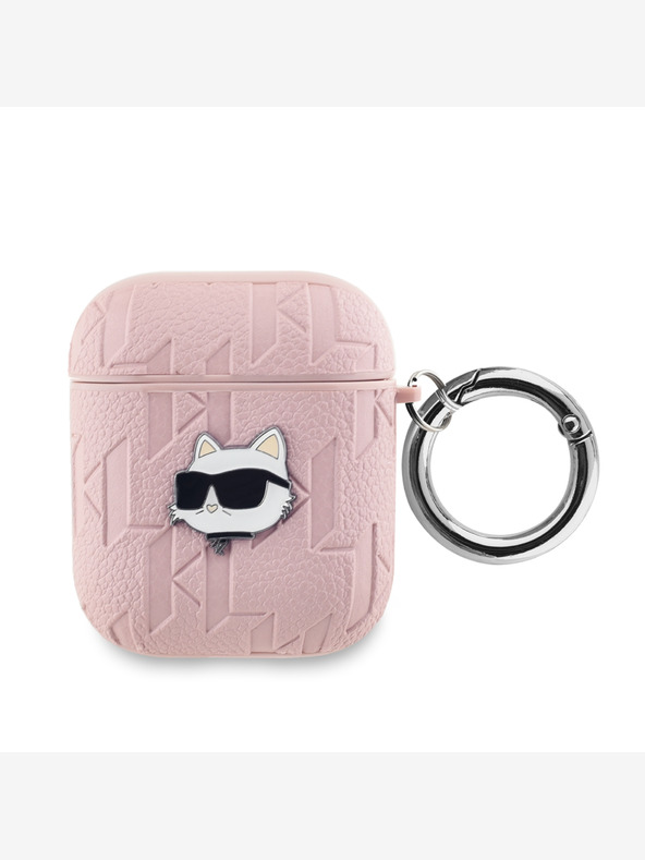 Karl Lagerfeld Custodia con teste Choupette in PU in rilievo per AirPods 1/2 rosa Karl Lagerfeld