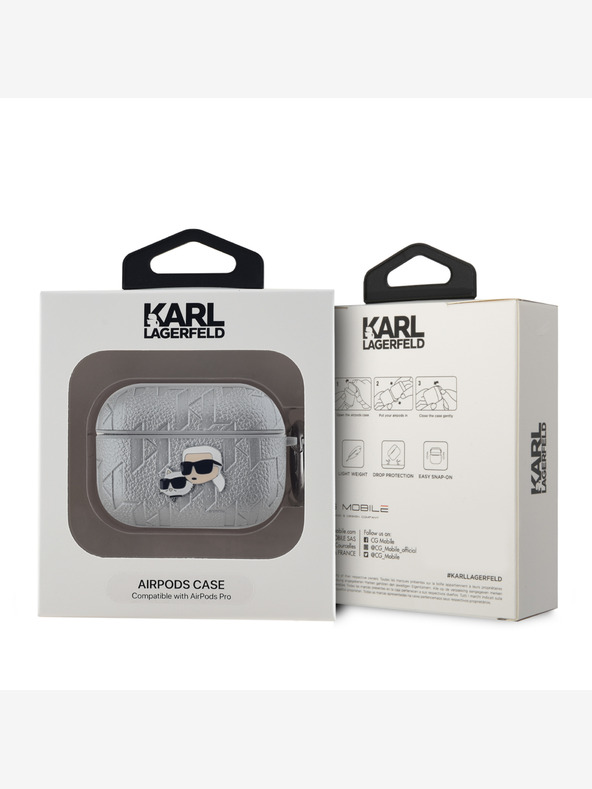 Karl Lagerfeld Karl Lagerfeld Custodia con testa di Karl e Choupette in PU in rilievo per AirPods Pro Argento