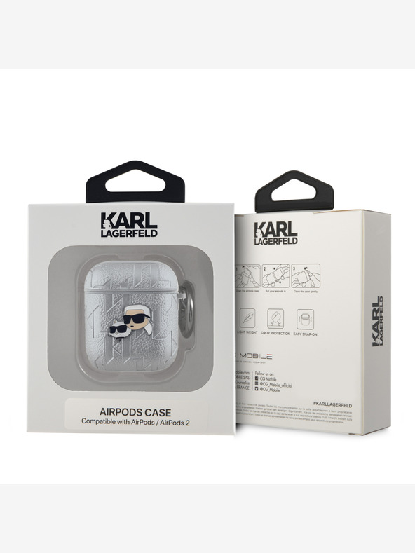 Karl Lagerfeld Custodia in PU con teste di Karl e Choupette in rilievo per AirPods 1/2 Silver Karl Lagerfeld