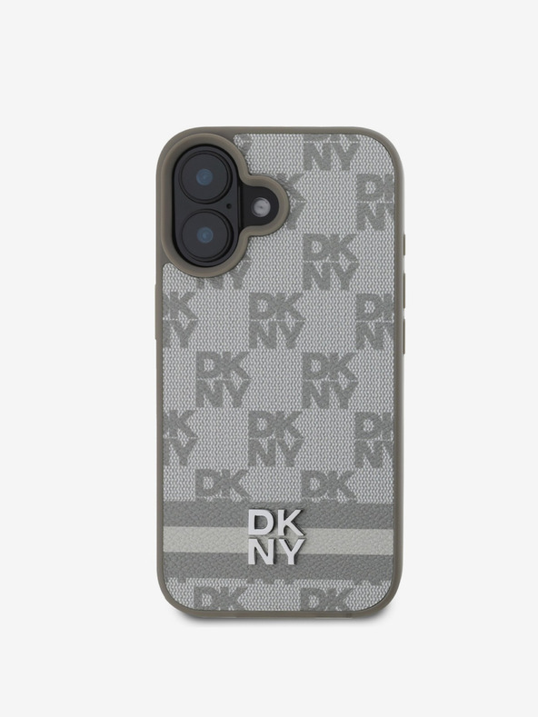 DKNY Cover posteriore con motivo a scacchi e strisce in pelle PU DKNY per iPhone 16 Beige