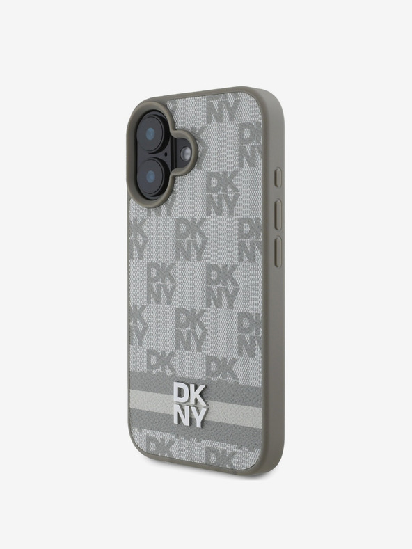 DKNY Cover posteriore con motivo a scacchi e strisce in pelle PU DKNY per iPhone 16 Beige