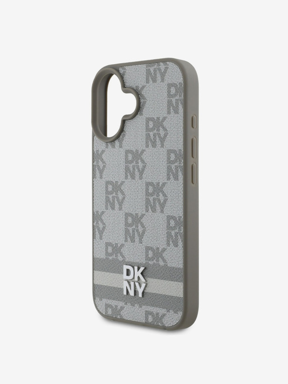 DKNY Cover posteriore con motivo a scacchi e strisce in pelle PU DKNY per iPhone 16 Beige