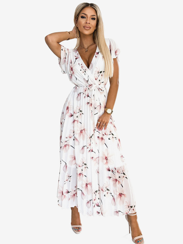 numoco Abito midi plissettato con scollatura e volant - fiori di pesco su sfondo bianco Numoco LISA