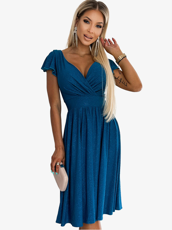 numoco Abito corto con scollo e maniche corte - blu con glitter Numoco MATILDE