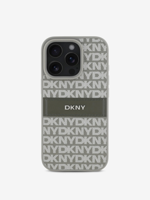 DKNY DKNY PU Pelle Ripetizione Motivo Striscia Tonale Cover posteriore per iPhone 16 Pro Max Beige