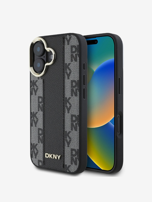 DKNY DKNY PU pelle modello a scacchi Magsafe Back Cover per iPhone 16 Plus Nero